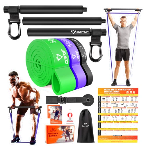 COFOF Portable Heavy Duty Resistance Bar with 3 Resistance Bands, Pilates Bar with Pull Up Bands & Training Poster, Yoga Pilates Equipment for Home Gym
