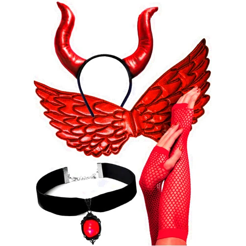 OLYPHAN Red Devil Costume for Women - Sexy Halloween Costumes Demon Horn Headband, Demonic Wings, Antique Like Pendant Collar Necklace, Lace Arm Sleeves Cosplay Costume Accessories 4 PC