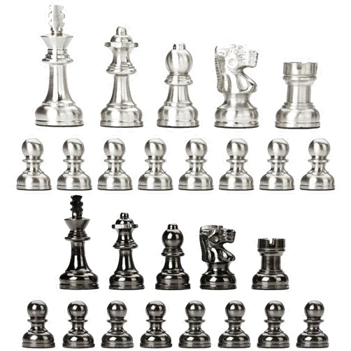 IWIS GLOBAL Chess Pieces Only No Board, 32 Large Quadruple Weighted Metal Chess Pieces with 2 Extra Queen, 2.6” King Heavy Piece, Chrome Silver-Metallic Black in Unique Gift Storage Box