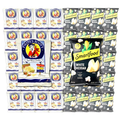 Niro Assortment | Popcorn Snack Pack | Individual Popcorn Snack Bags | 25 Pirates Booty Aged White Cheddar and 25 Smart Food White Cheddar Snack Pack | 50 Packs | Individual Packs G