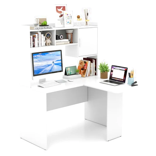 Giantex L Shaped Desk with Hutch, White Corner Desk with Storage Shelf & Cabinet, Laptop PC Table Gaming Computer Table Workstation, Modern Executive Study Writing Desk for Home Office, Bedroom