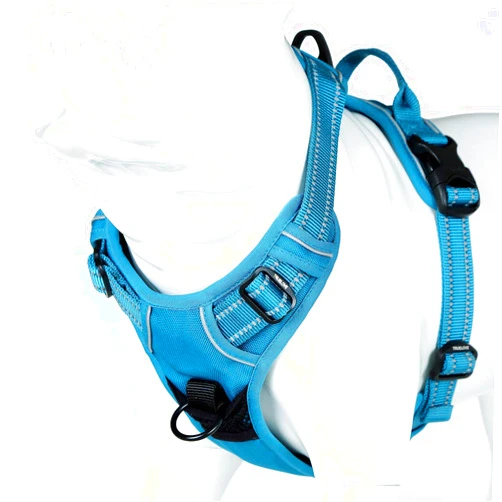 Juxzh Soft Front Dog Harness .Best Reflective no Pull Harness with Handle and 2 Leash Attachments Teal Blue