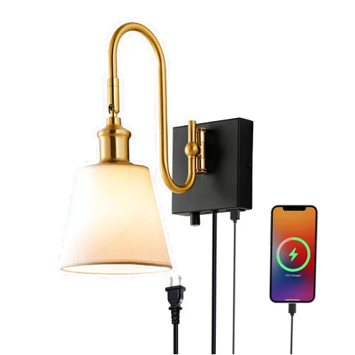 HELVAK Modern Plug in Wall Sconces, Plated Brass Bedroom Wall Lights with Dimmable Switch and USB Port, White Fabric Shade, Black