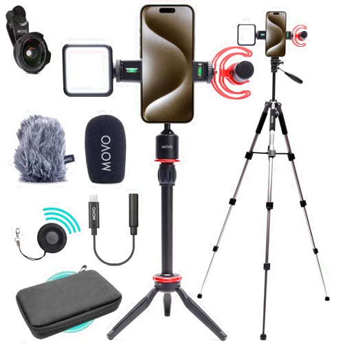 Movo iVlog1-IP Vlogging Kit for iPhone 15 and up with Fullsize Tripod - USB-C Compatible Vlog Kit - Accessories: Shotgun Mic, Tripods, LED Light, Wide-Angle Lens for YouTube Starter Kit