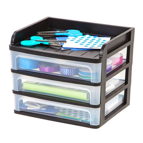 IRIS USA Plastic Desk Top 3-Drawer Storage Organizer with Paper Tray Top, 1-Pack, for Makeup Vanity Nail Polish Bathroom Stationery Art Craft Supplies Kitchen Office Garage Organization, Medium, Black