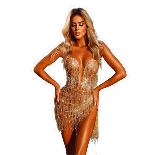 Earthradius Girl's Elegant Strapless Off The Shoulder Sequined Tassel Mini Cocktail Sleeveless Evening Dress for Parties