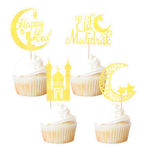 Rsstarxi 24 Pack Eid Mubarak Cupcake Toppers Gold Glitter Moon Star Happy Eid Cupcake Picks for Islamic Muslim Mubarak Festival Ramadam Kareem Party Cake Decorations Supplies.