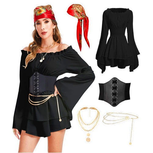 DARFULA Pirate Costume Women Dress White Pirate Dress with Corset Necklace Bandana Headscarf Accessories
