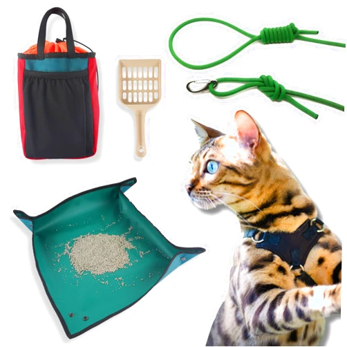 OutdoorBengal Adventure Cat Gear 5in1 Travel Kit for Outdoors Exploration with Your Cat (Escape Resistant Cat Harness + Leash + Portable Litterbox + Scooper + Litter Bag)
