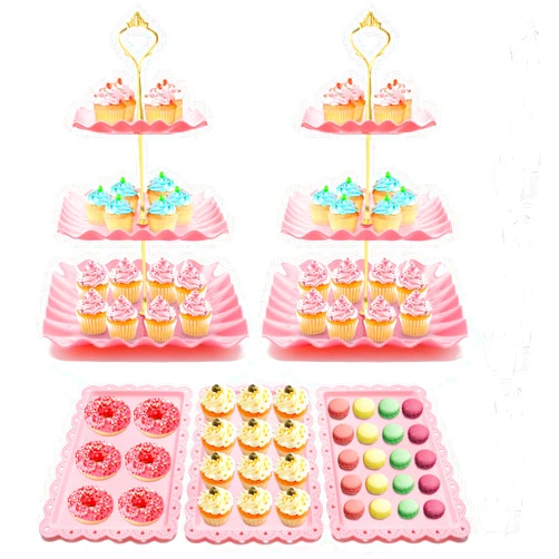 Coitak 8 Pieces Cupcake Stand Set, 2 PCS 3 Tier Cupcake Stands with 3 PCS Appetizer Trays, 3 PCS Serving Tongs, Dessert Tower Tray for Tea Party (Pink)