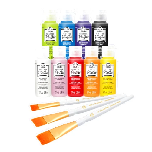 FolkArt Paint for Plastic Acrylic Craft Paint Kit, 12 Piece Set Including 3 Brushes and 9 Colors with a Satin Finish, PROMOFAPP24