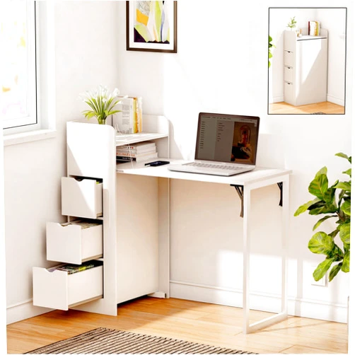 LAUSAINT HOME Wall Mounted Foldable Desk, Space Saving Hidden Desk with Storage & Power Outlet, Fold Out Table for Small Spaces, Home Office Bedroom, White