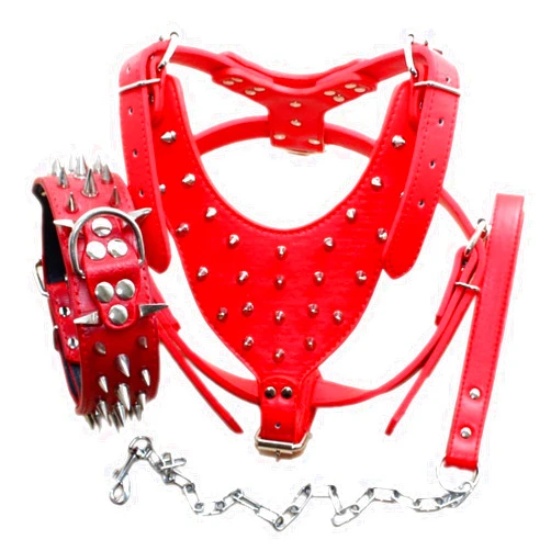 Pimaodog Breed Leather Spiked Studded Dog Harness,Collar & Leashes 3Pcs Set for Medium & Large Dog Pit Bull,Mastiff, Boxer, Bull Terrier (Spikes Red, M)