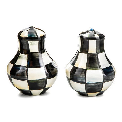 MACKENZIE-CHILDS Enamel Salt and Pepper Shakers, Kitchen Table Spice Shaker Set, Black-and-White Courtly Check, Small