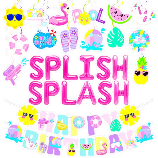 C L cooper life Splish Splash Birthday Decorations Foil Balloons Pool Birthday Party Banner Summer Pool Party Hanging Swirls for Girls Summer Pool Beach Birthday Party Hawaiian Luau Tropical Party Decorations