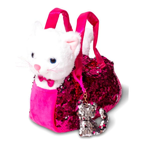 Little Jupiter Plush Pet Set with Purse - Stuffed Cat Plush Pet Carrier Set w/Reversible Sequins & Charm - (White Cat)