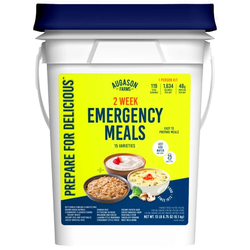 Augason Farms 2 Week Emergency Food Supply Kit, Dehydrated Meal Survival Food Bucket for 1 Person - 119 Servings