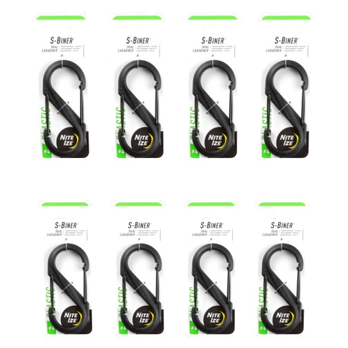Nite IzeS-Biner Dual Carabiner Plastic - Durable Dual Carabiner with Wire Gate Closure - Carabiner for Organizing Keys & Keychain Attachments - Size 4, Black (8 Pack)