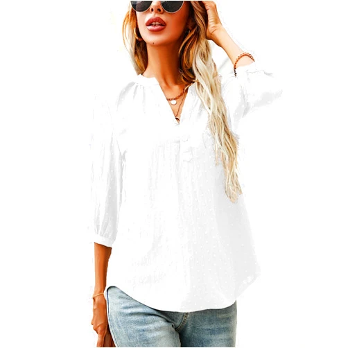 LOMON Women's Casual 3/4 Sleeve Henley V-Neck Button Up Pleated Back Blouses Swiss Dot Blouse Tops T-Shirts S-XXL