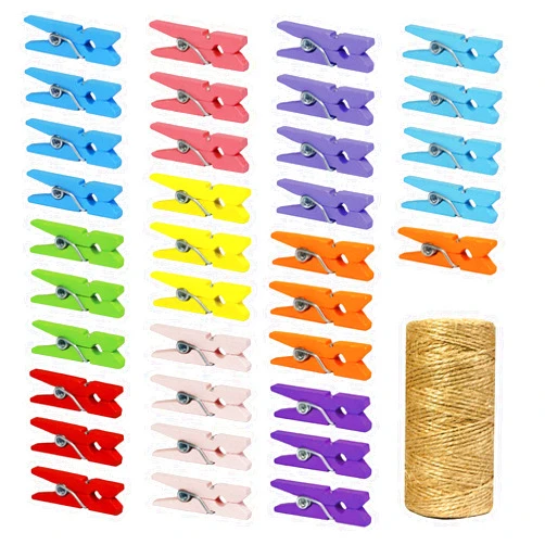 Millennial Essentials Mini Natural Wooden Clothespins with Jute Twine, 250pcs, 1 Inch Photo Paper Peg Pin Craft Clips with 66ft Natural Twine for Scrapbooking, Arts & Crafts, Hanging Photos (10 Colors)