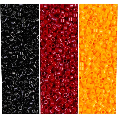 Miyuki Delica Bead Bundle: Jet Black Opaque, Mandarin Orange, Cranberry Red Seed Beads, Size 11/0 - 21 Grams