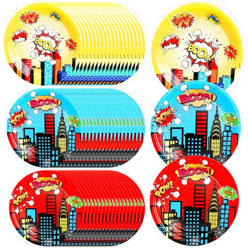 Zhehao 60 Pcs Hero Theme Party Plates Round Disposable Dinner Paper Plates Red Blue Yellow Decorative Tableware for Baby Shower Spider Party Supplies Birthday Decorations