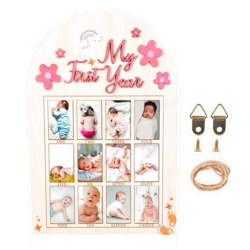 NQEUEPN My First Year Picture Frame, 3D Daisy Flower Baby's First Year Photo Display Wood Board 12 Month Baby Picture Frame Monthly Photo Banner for Newborn Baby Nursery Decor