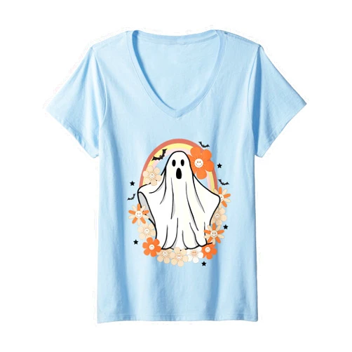 Spooky Season 60s 70s Vintage Halloween Gifts Womens Groovy Floral Ghost Spooky Vibes Halloween Cute Boo Retro V-Neck T-Shirt
