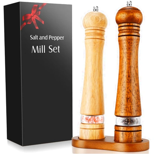 Saebume Wooden Salt and Pepper Grinder Set,2 Pcs 10 Inch Large Refillable Pepper Mills with Tray,Manual Solid Oak Wood Mills Shakers with Adjustable Ceramic Core for Pepper,Salt (10 inch Grinder Set)