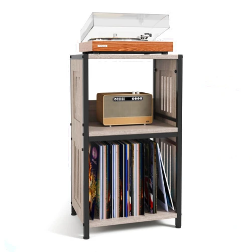 Y&M Versatile Record Player Stand with Vinyl Storage, 3-Tier Turntable Stand with Storage up to 100 Albums, Retro Record Player Holder End Table, Record Display Shelf for Living Room, Bedroom, Gray