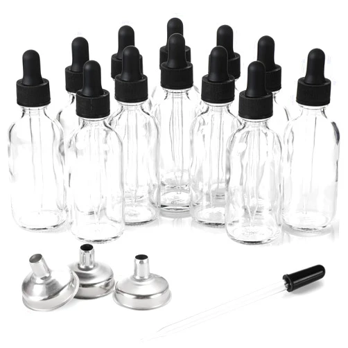 AOZITA 12 Pack, 2 oz Glass Eye Dropper Bottles w/ 3 Stainless Steel Funnels & 1 Long Pipette Dropper & 24 Labels - 60ml Clear Tincture Bottles for Essential Oils, Liquids - Leakproof Travel Essential Bottles