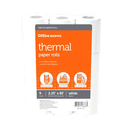 Office Depot Thermal Paper Rolls, 2 1/4in. x 85ft., White, Pack Of 9, 109317