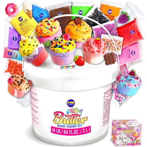 FUN KIDZ 4 LB Milky Butter Slime Bucket Gift for Girls, FunKidz 64 FL OZ Huge Soft White Premade Scented Slime Kit Toy with 29 Variety Add-Ins Perfect Birthday Present for Kids Age 6+