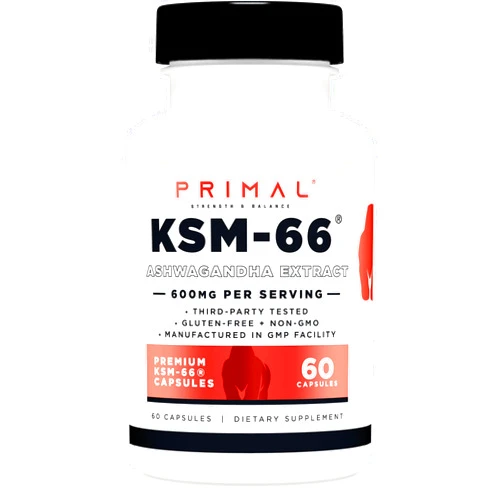 Primal KSM-66 Ashwagandha Capsules (60 Capsules / 60 Servings, 600 mg KSM-66 Per Serving) | Premium Ashwagandha Root Extract - Gluten Free, Non-GMO Nutritional Supplement