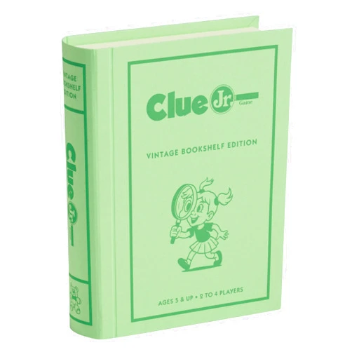 WS Game Company Clue Jr. Vintage Bookshelf Edition: The Case of the Hidden Toys – Linen Fabric Wrapped Book Storage Case – Clue Junior Mystery Board Game for Kids and Families (2-4 Players, Ages 5+)
