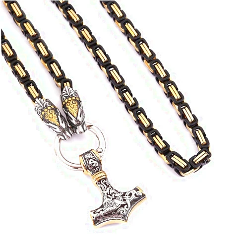 WDBAYXH Men's Gothic Punk Double Dragon Head Necklace, Biker Stainless Steel Viking Mjolnir Amulet Pendant, Black Gold Emperor King Chain, Personality Ouroboros Jewelry