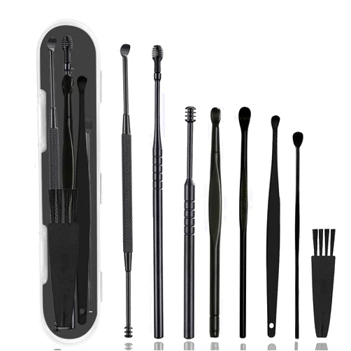 Hion 8 Pcs Ear Wax Removal Kit,Professional Double-Headed Ear Pick Earwax Removal Tools,316L Stainless Steel Ear Cleaner Curette with Cleaning Brush and Storage Box,Suit for Kid Adult(Black)