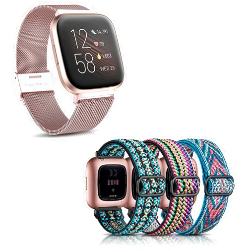 Maledan 3 Pack Boho Green/Green Arrow/Colorful Adjustable Nylon Elastic Bands Bundle with Rose Gold Adjustable Stainless Steel Metal Bands Compatible with Fitbit Versa 2/Versa/Versa Lite SE