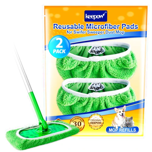 KEEPOW Reusable Microfiber Mop Pads for Swiffer Sweeper Mop, Washable Wet Pad Refills for Wet & Dry Use, Microfiber Dry Sweeping Cloths for Hardwood Floor Cleaning, 2 Pack (Mop is Not Included)