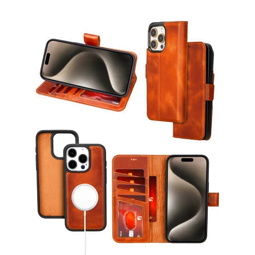 Bayelon Wallet Case for iPhone 15 Pro Max, Full Grain Leather Wallet, Detachable Magnetic Flip Cover, Card Holder, iPhone 15 Pro Max Wallet Case, MagSafe Compatible, RFID Blocking (Vintage Brown)
