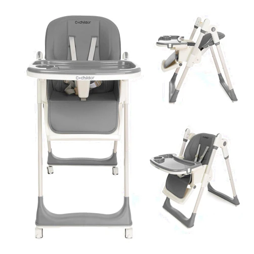 Cochildor 3 in 1 Foldable High Chair for Baby, Adjustable Heights Toddler High Chair with 5 Point Harness, Tray, Foot Rest and Wheels, Grey