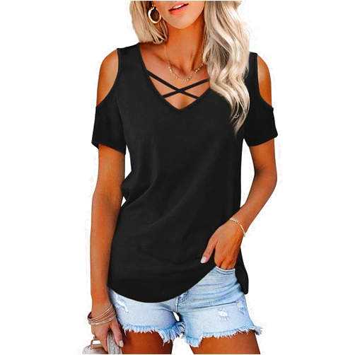Amoretu Womens Summer Shirts V Neck Criss Cross Cold Shoulder Tops Blouse