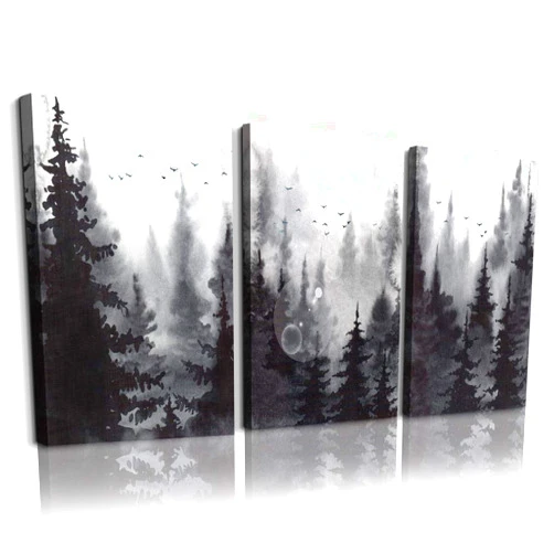 TTHYUEWS Scenery Watercolor Painting 3 Pieces Canvas Wall Art For Living Room Wall Decor For Bedroom Decorations Modern Office Home Decoration Black And White Forest Landscape Posters Canvas Prints Artwork