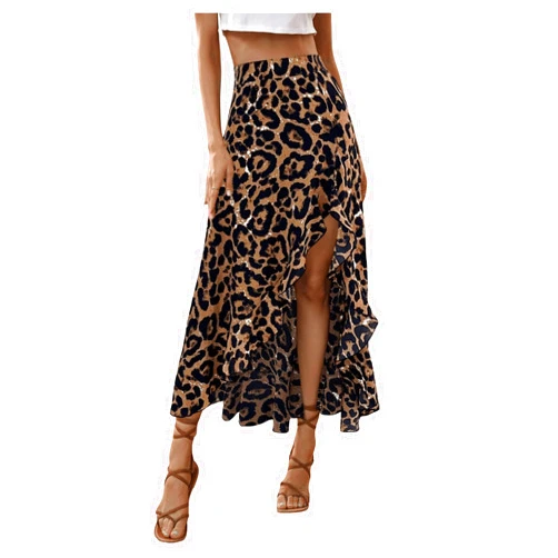 SweatyRocks Women's Ruffle Midi Skirt Leopard Print Slit Split High Waisted Flowy Long Skirts