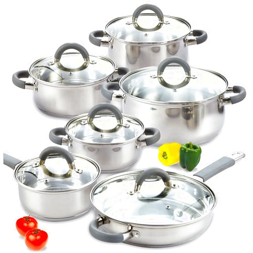 Cook N Home Cookware Basic Pots and Pans, 12 Piece set, Stainless Steel Grey Silicone Handle