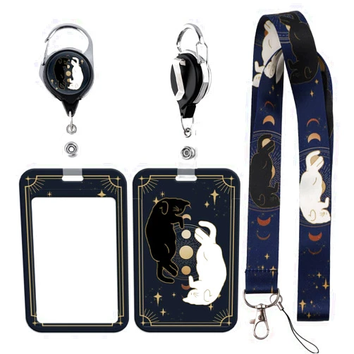 BKBKAAK Cat Lanyards for Id Badge Holder, Cute Retractable Lanyard with Name Tag Clips,Cat and Moon Phases Keychain for Women Teachers Nurses