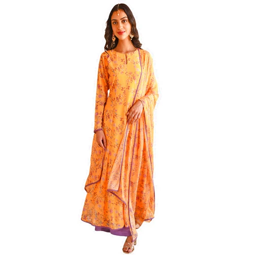 Janasya Indian Women's Yellow Georgette Floral Print Kurta with Flared Palazzo and Dupatta