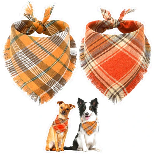 Vivifying Fall Dog Bandana with Tassels Edges, 2 Pack Classic Plaid Triangle Dog Apparel & Accessories, Funny Dog Scarf Costume for Thanksgiving, Photo Prop, and Party Decor (Small, Yellow&Orange)