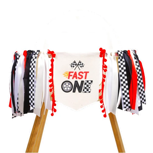 Jissoo Fast One High Chair Ribbon Banner - Racing Boys 1st Birthday Decorations,Red Black Ribbon Race Car Banner,Little Racer Birthday Photo Backdrop,Racing Vintage First Birthday Highchair Garland (Fast One Ribbon)