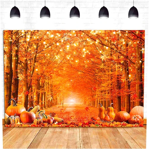 Yongqian Autumn Glitter Red Maple Forest Leaves Photography Backdrops Sparkle Pumpkin Corn Fall Banner Thanksgiving Party Photo Background Farm Harvest Event Decoration Photo Booth Props 8x6ft Vinyl